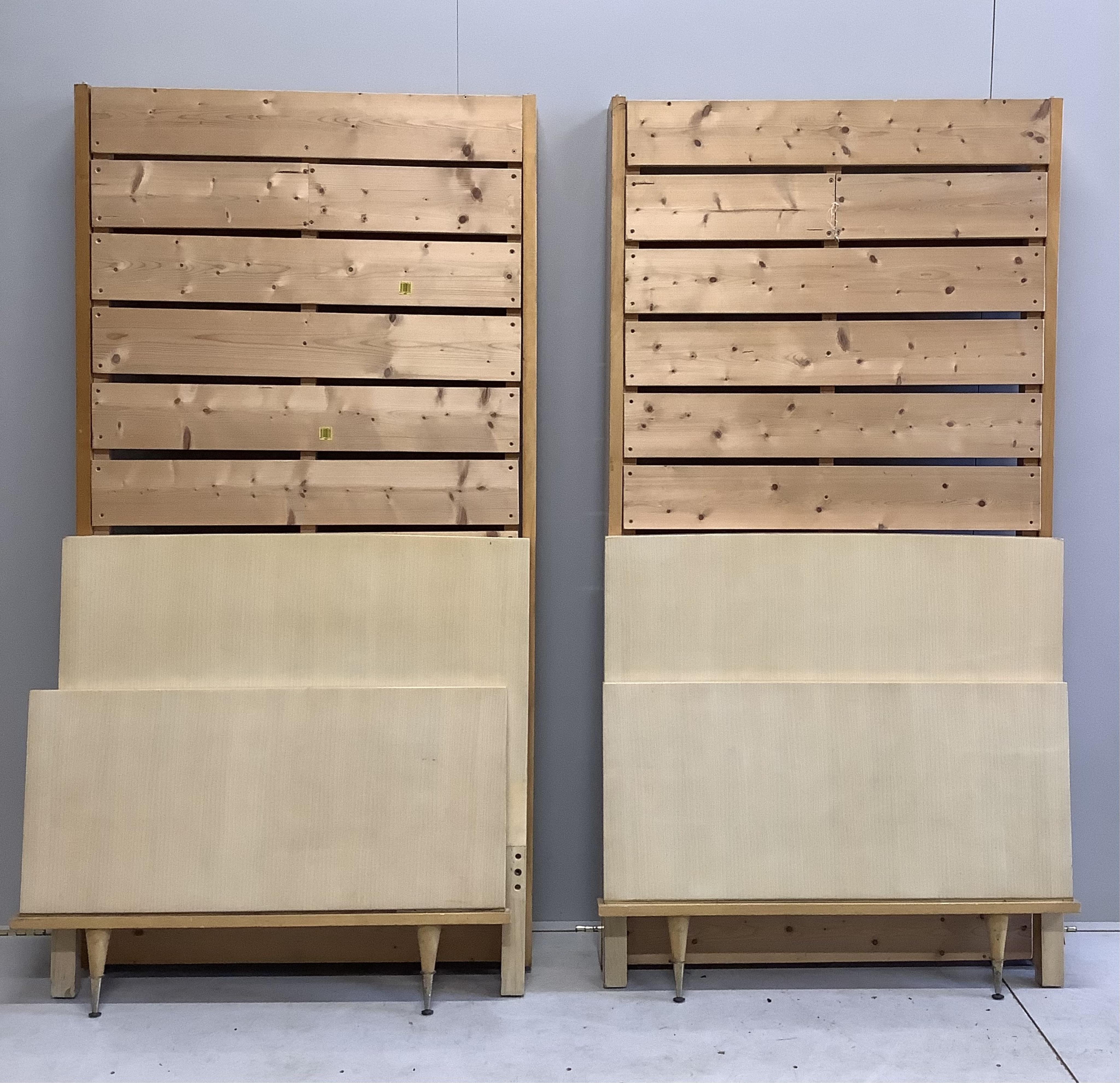 A pair of mid century French bedside tables, width 54cm, depth 32cm, height 60cm together with a pair of matching single bedframes. Condition - fair